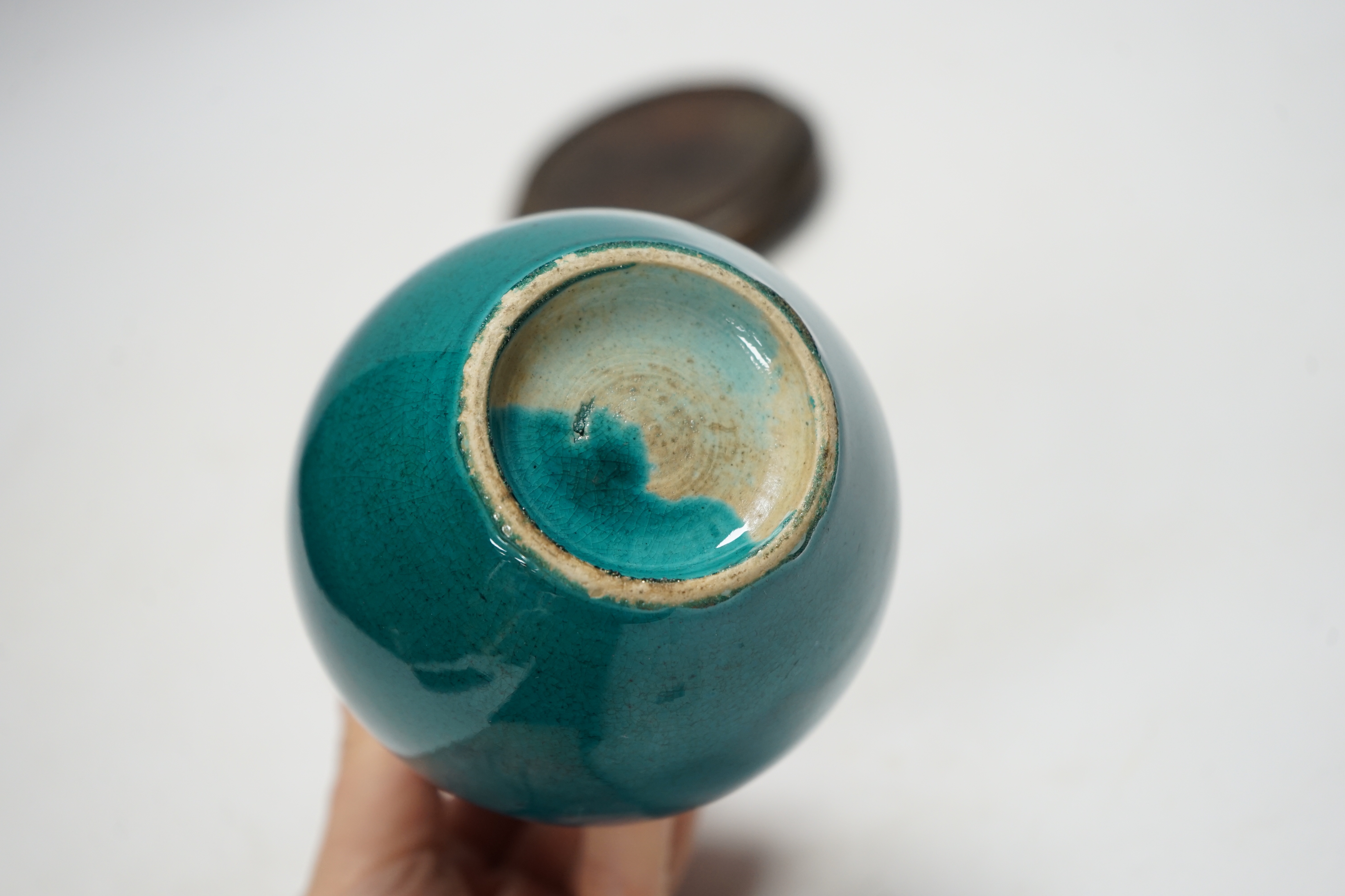 A Chinese turquoise glazed double gourd vase, on stand, 17cm